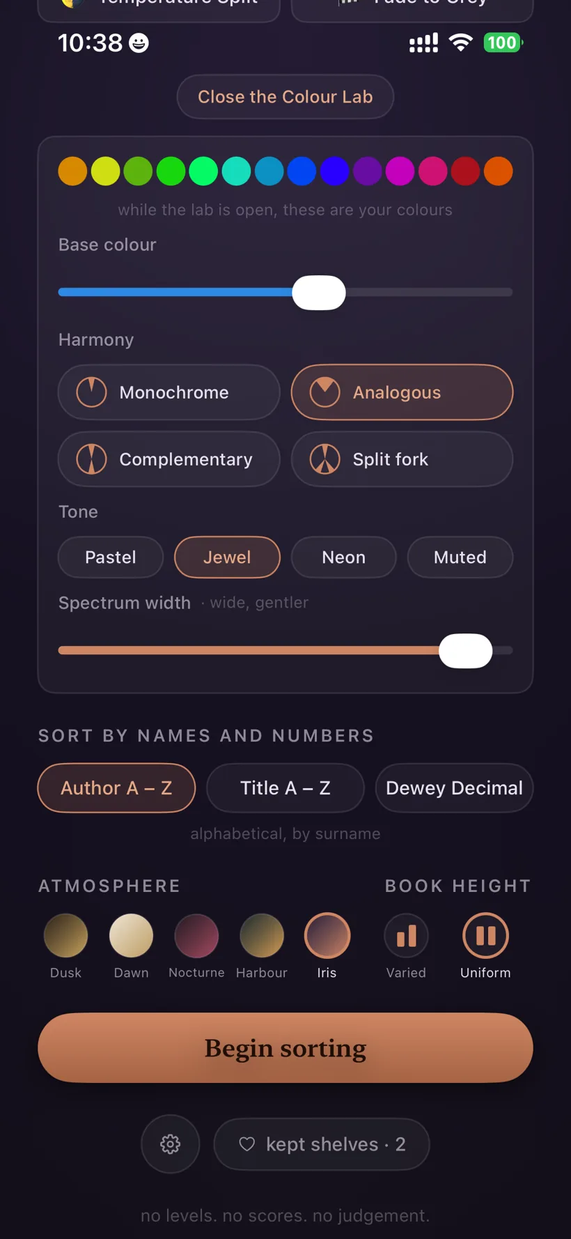 The Colour Lab: a base colour slider with harmony and tone options.