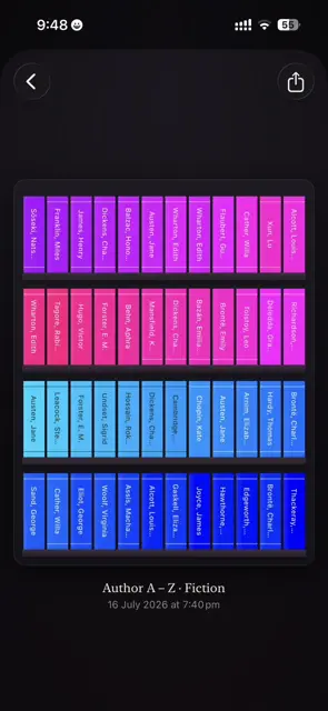 A Fiction shelf sorted author A–Z in neon magenta, pink and blue on a dark background.