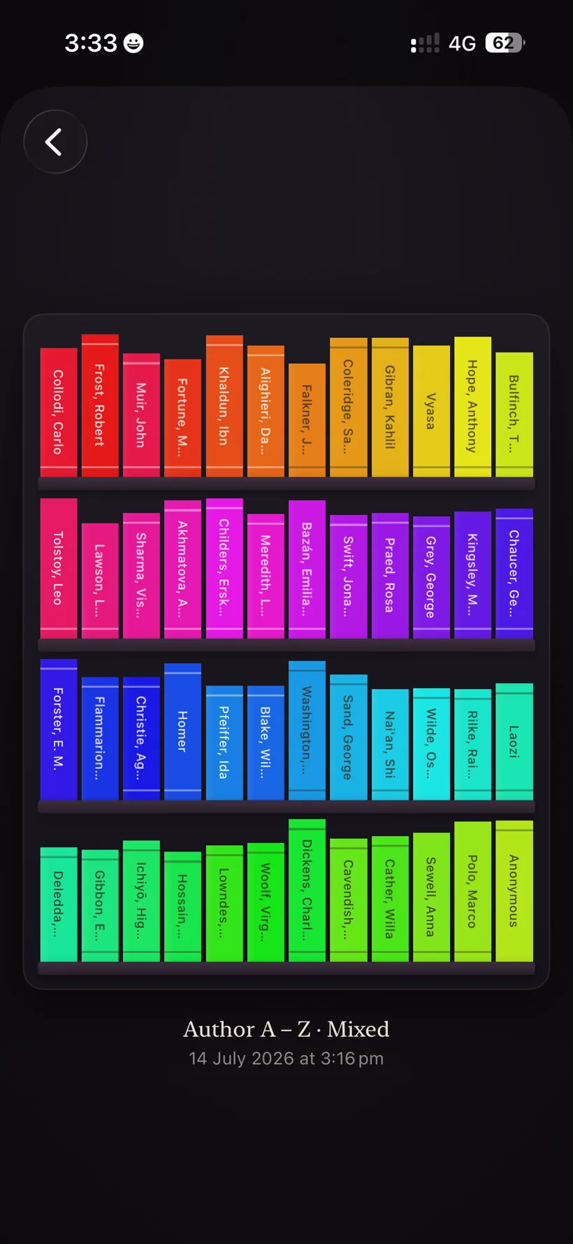 A finished Sortabout shelf: four rows of book spines arranged into a smooth rainbow, from warm reds through greens to deep blues.