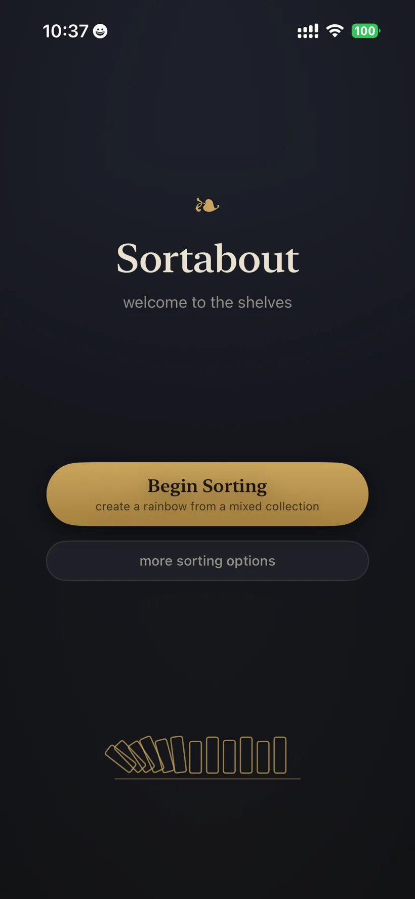 Sortabout's opening screen: the gold serif title and a Begin Sorting button on a dusk-dark background.