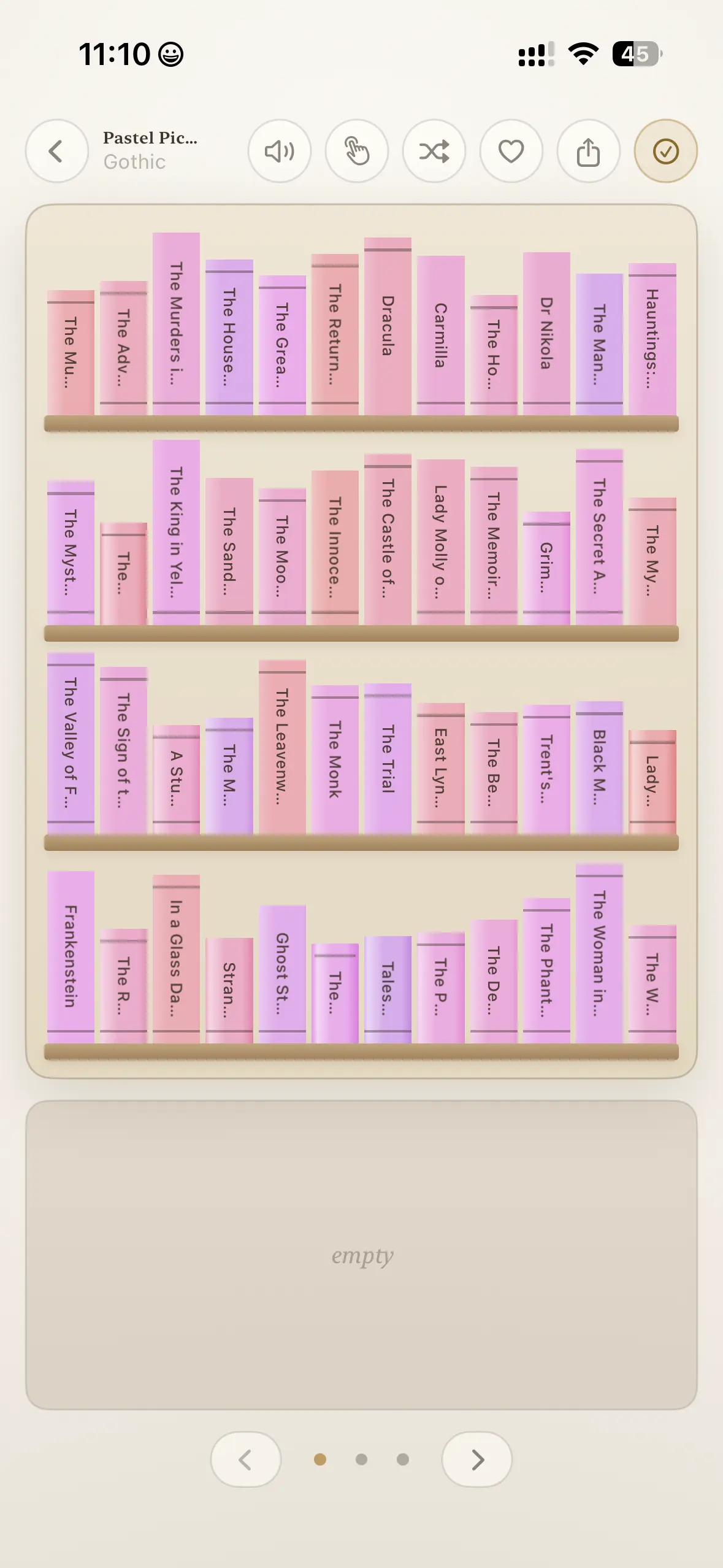 A kept Gothic shelf in the Pastel Picnic palette, pink spines at varied heights, ready to share as an image.