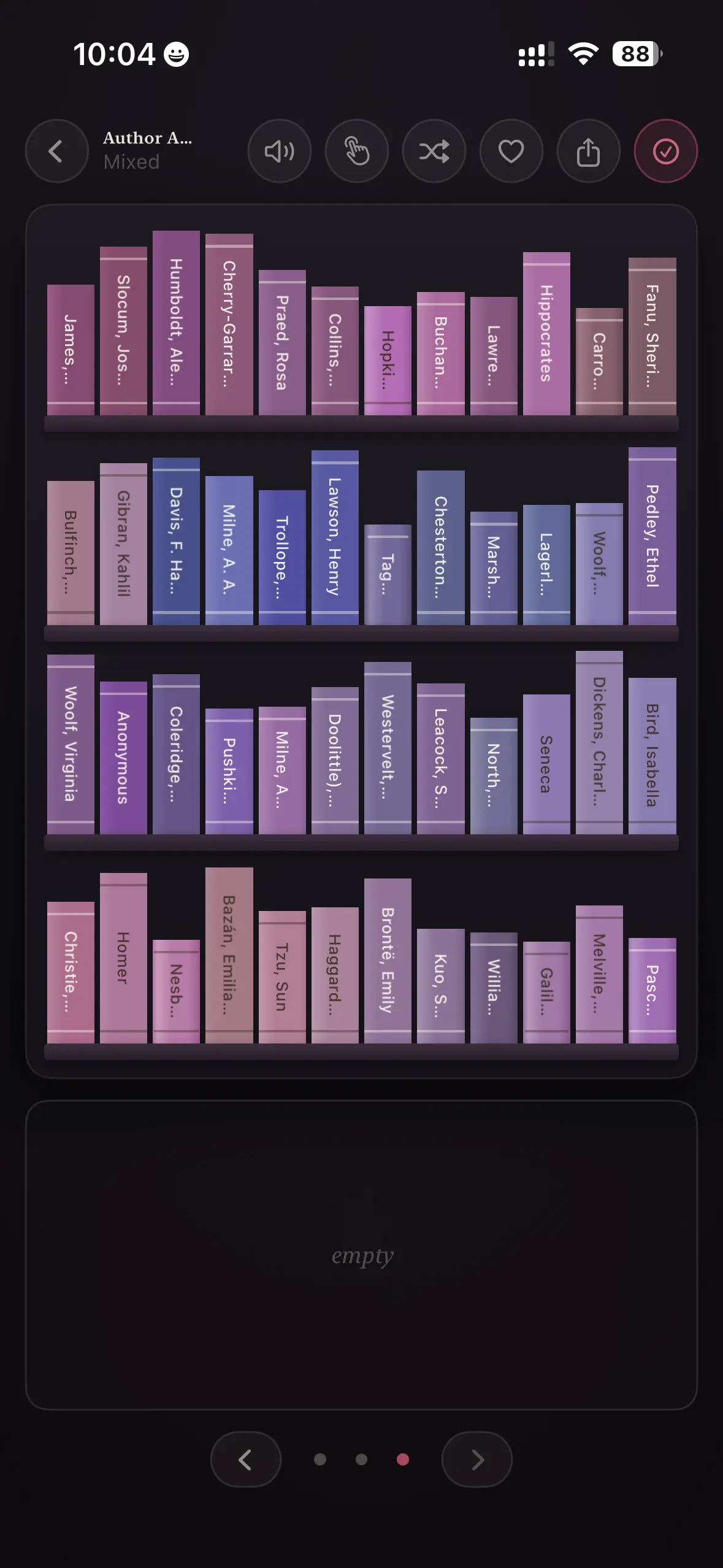 Start with a bucket of unsorted books and arrange them on the shelf.